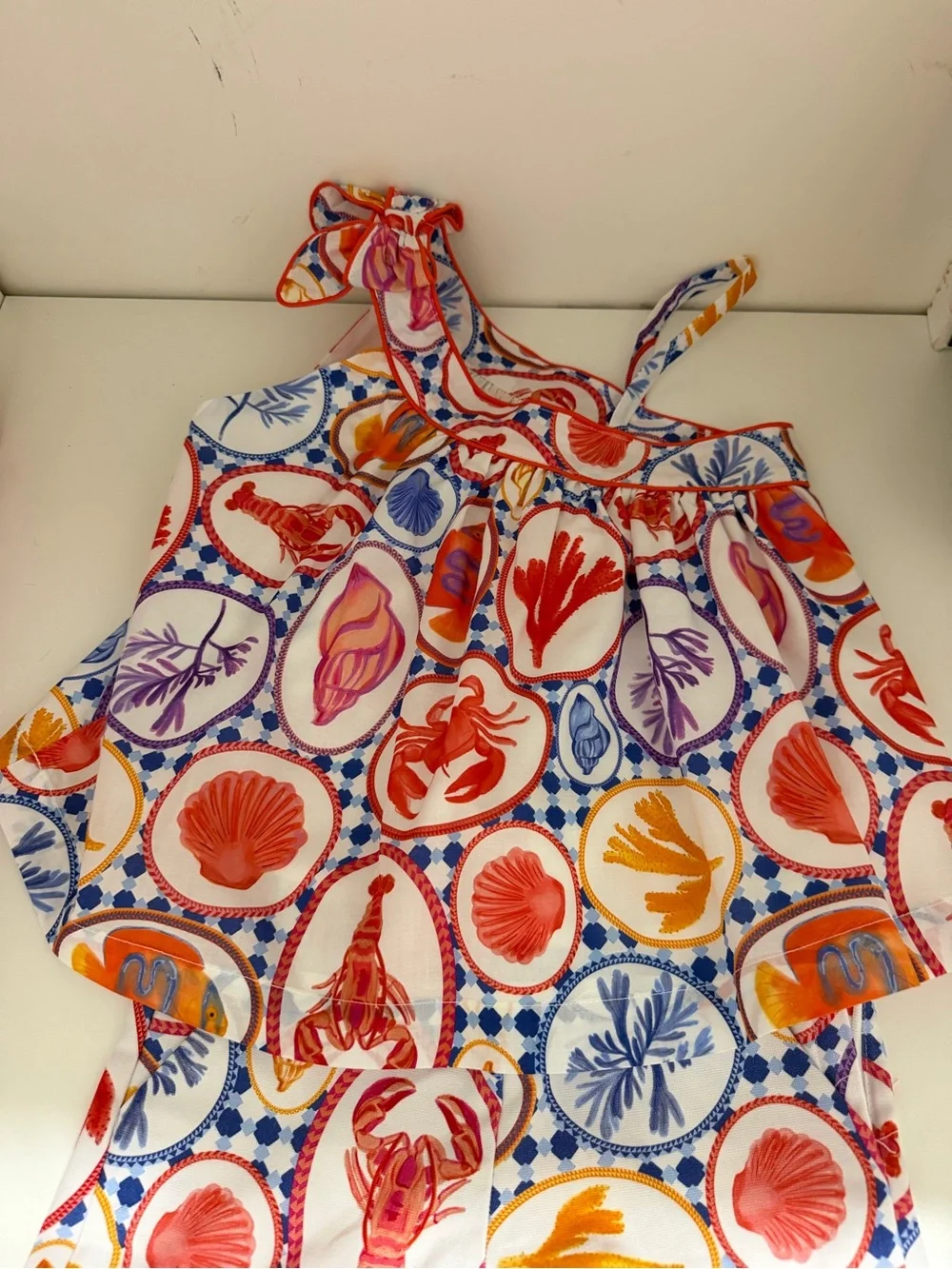 Janie and Jack White Ruffled Nautical Print Top with Coral Trim